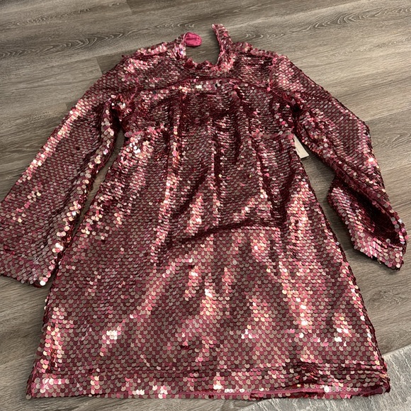 Anthropologie Maeve Long-Sleeve Mock-Neck Sequin Mini Dress pink shimmer sz L - Picture 6 of 7